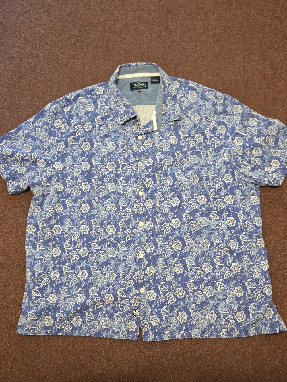 Nat Nast Retro Hawaiian Blue White Floral  100% Silk XXL Shirt
